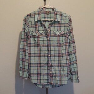 Eddie Bauer Women's Size M Roll-Up Sleeve Plaid Cotton Shirt Blue Green